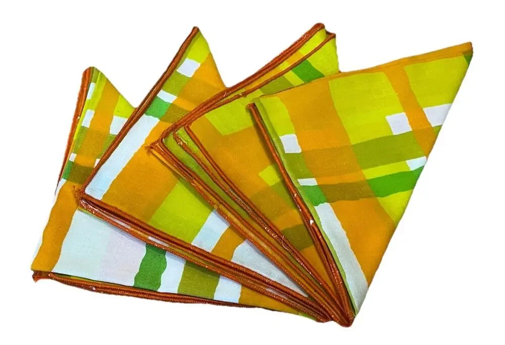 Vintage Cloth Napkins Set of 4 Geometric Pattern Green Orange 1970s
